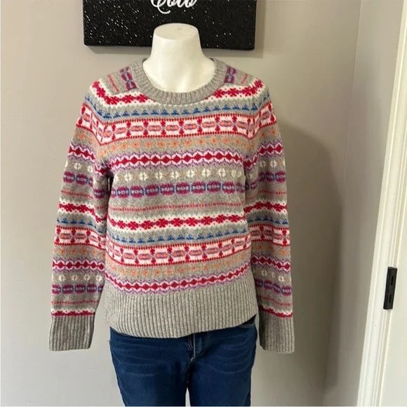 J Crew Womens Holly Fair Isle Wool Sweater Crewneck Grey Red White Sz S Sweaters